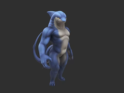 Blue And White Aquatic Creature 3D Render Muscular Humanoid Body Shark Like Head Long Tail 3d model