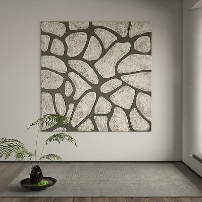 Abstract Painting with Stone Texture Gray and Green Tones on Light Wall with Green Plant 3d model