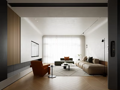 Modern Open Living And Dining Room With Sofa Coffee Table And Natural Light 3d model