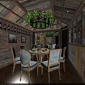 Elegant Private Dining Room With Brick Wall Wooden Ceiling Chandelier Round Table And Wine Rack