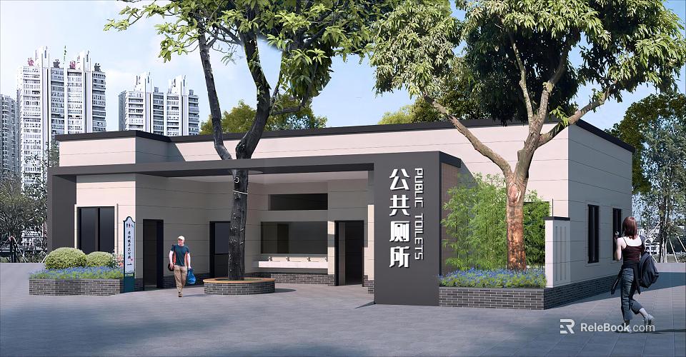 Modern Public Restroom Building Facade With Trees Pedestrian And Entrance Area 3d model 