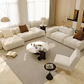 Modern Bright Living Room with Beige White Sofa and Coffee Table Set and Floor Lamp Rug