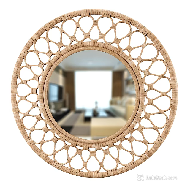 Circular Rattan Mirror With Intricate Cutout Frame Reflecting Living Room Sofa And Coffee Table 3d model 