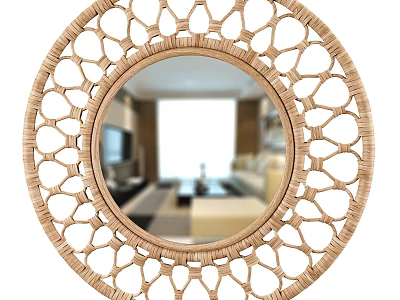 Circular Rattan Mirror With Intricate Cutout Frame Reflecting Living Room Sofa And Coffee Table 3d model