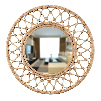 Circular Rattan Mirror With Intricate Cutout Frame Reflecting Living Room Sofa And Coffee Table 3d model