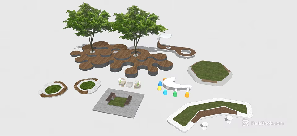Creative Tree Pits Design Featuring Wooden Structures Geometric Shapes And Surrounding Lawn Areas 3d model 