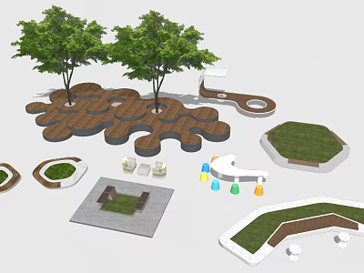 Creative Tree Pits Design Featuring Wooden Structures Geometric Shapes And Surrounding Lawn Areas 3d model
