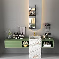 Green Bathroom Vanity With Marble Countertop Oval Mirror Wall Mounted Hair Dryer And Toiletries