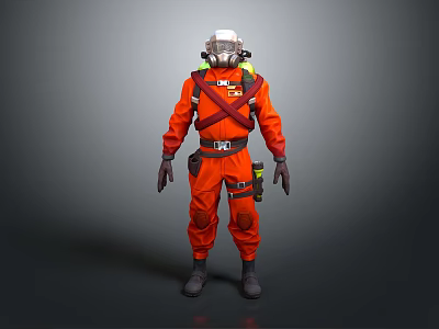 Orange Full Body Protective Suit with White Helmet Gas Mask and Red Straps 3d model