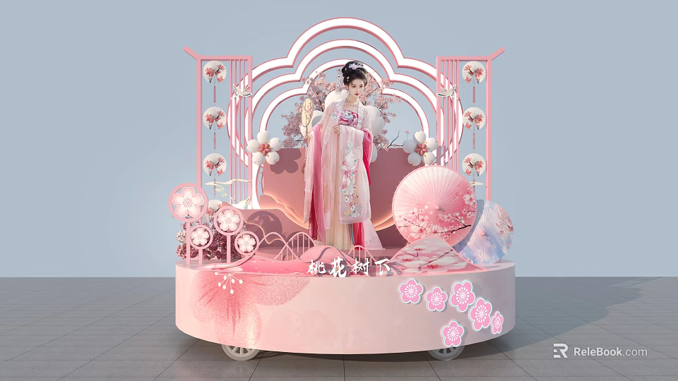 Traditional Style Floral Art Display With Pink Flowers Fans And Arched Platform 3d model 