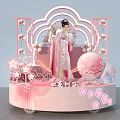 Traditional Style Floral Art Display With Pink Flowers Fans And Arched Platform