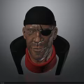 3D Character Head Model With Black Cap Eye Patch And Red Turtleneck