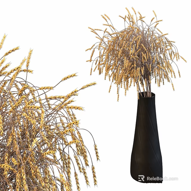 Elegant Decorative Ornament Set with Golden Wheat Ears Bouquet in Black Vase 3d model 