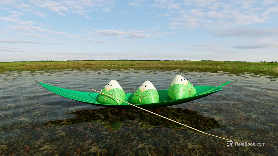 Clear Water Surface With Green Leaf Boat Floating Three Green Wrapped Parcels And Grassland 3d model 