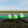 Clear Water Surface With Green Leaf Boat Floating Three Green Wrapped Parcels And Grassland