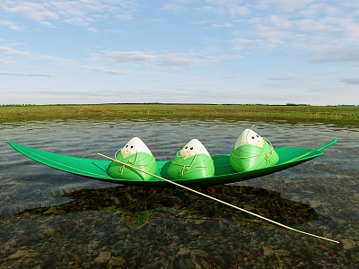 Clear Water Surface With Green Leaf Boat Floating Three Green Wrapped Parcels And Grassland 3d model