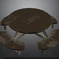 Round Wooden Outdoor Picnic Table With Attached Benches And Weathered Surface
