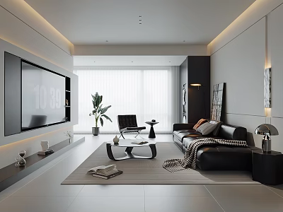 Modern Minimalist Living And Dining Room With Black Leather Sofa And Soft Ambient Lighting 3d model