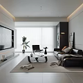 Modern Minimalist Living And Dining Room With Black Leather Sofa And Soft Ambient Lighting