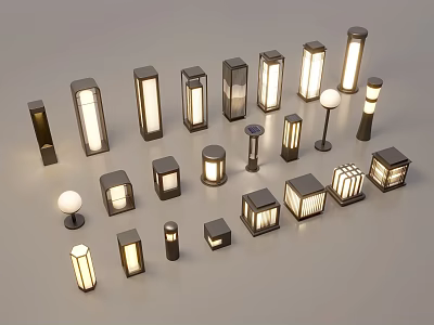 Various Outdoor Lights With Modern Designs Columnar Square And Round Shapes Illuminated 3d model