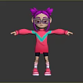 3D Cartoon Character With Pink Pigtails Glasses Pink Outfit Turquoise Accents Arms Outstretched
