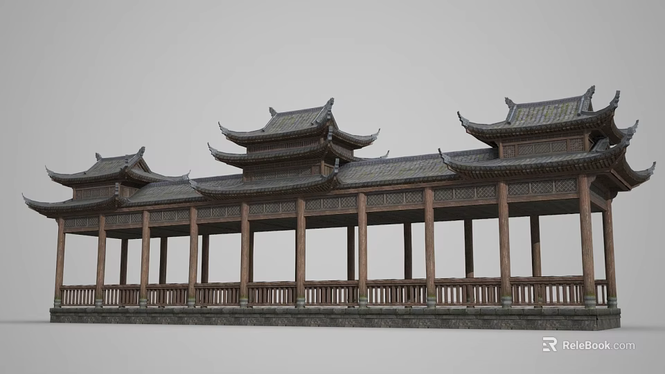 Traditional Ancient Chinese Architecture With Overhanging Eaves Wooden Columns And Tiled Roofs 3d model 