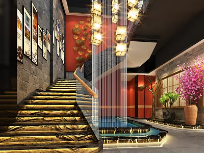 Elegant Lobby Interior With Lit Staircase Red Wall Artworks Chandeliers And Potted Plants 3d model