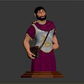 Roman Male Game Character In Purple Robe With Silver Armor Golden Patterns On Wooden Base