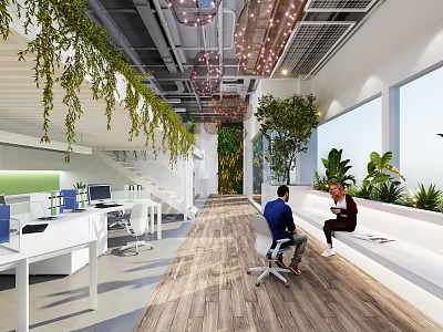 Modern Open Public Office Space With Indoor Greenery Hanging Plants And Collaborating People 3d model