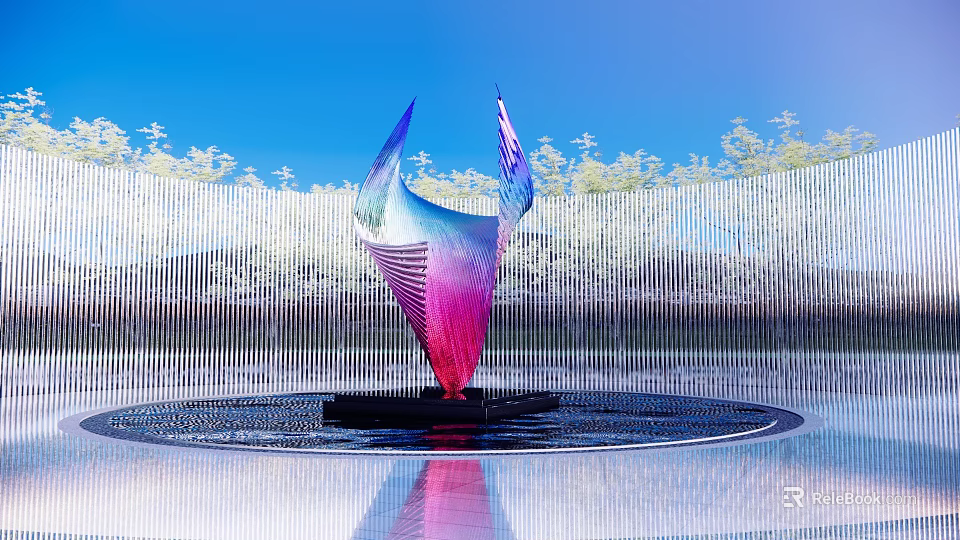 Outdoor Flowing Geometric Sculpture With Blue Pink Gradient In Water Pool And Metal Fence 3d model 