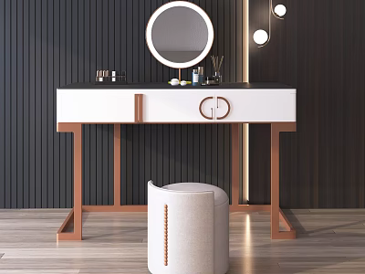 Elegant Modern Dressing Table With Round Mirror White Top And Copper Legs 3d model