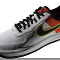 White Sneakers With Orange Yellow Accents Black Laces Swoosh Logo And Black Sole