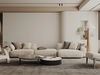 Modern Living Room With Beige Sofa Throw Pillows Rug Coffee Tables And Plants 3d model