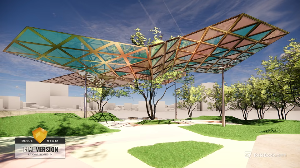 Outdoor Pergola With Colorful Geometric Glass Roof And Green Grass Trees Under Blue Sky 3d model 