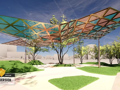 Outdoor Pergola With Colorful Geometric Glass Roof And Green Grass Trees Under Blue Sky 3d model