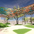 Outdoor Pergola With Colorful Geometric Glass Roof And Green Grass Trees Under Blue Sky