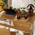 Cozy Indoor Wooden Desk And Chair Set With Laptop Vase Green Plants And Garden View