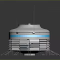 Round Industrial Equipment With White Body Top Rotating Fan Blue Stripe And Support Legs