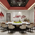 Elegant Private Dining Room With Round Table Chairs Marble Wall And Red Decor 3d model