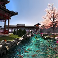 Ancient Chinese Architecture Traditional Courtyard With Central Pavilion Surrounded By Mountain And Green Trees