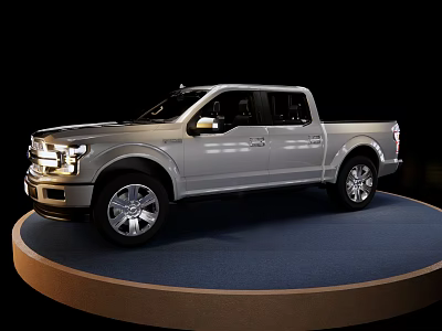 Shiny Silver Four Door Pickup Truck On Circular Display Platform With Black Background 3d model