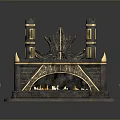 Ornate Throne Inspired Decorative Fireplace With Flames Golden Accents And Side Columns