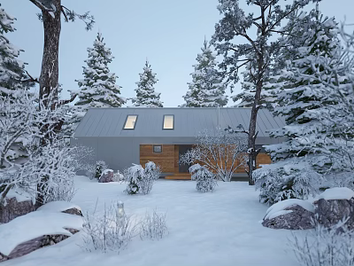 Winter Landscape With Snow Covered Trees House Gray Roof Skylights Wooden Door And Snowy Ground 3d model