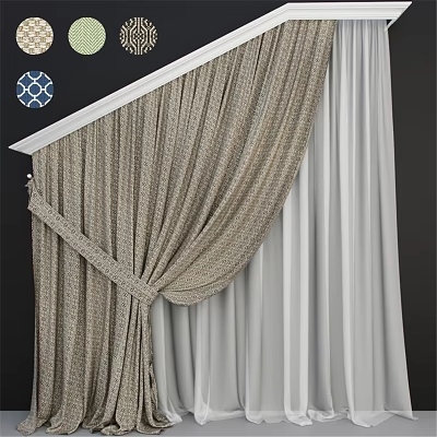 Elegant Striped Curtains With Beige And White Textured Fabric Tied Back For Modern Home 3d model