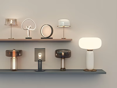 Modern Stylish Table Lamps Displayed On Wooden Shelves With Various Designs 3d model