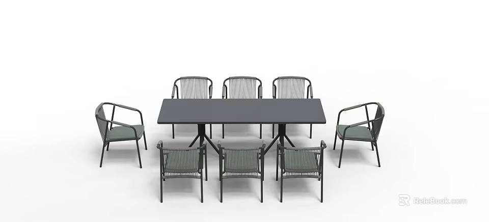 Outdoor Rectangular Table And Chair Set With Wicker Seats And Black Metal Frames 3d model 