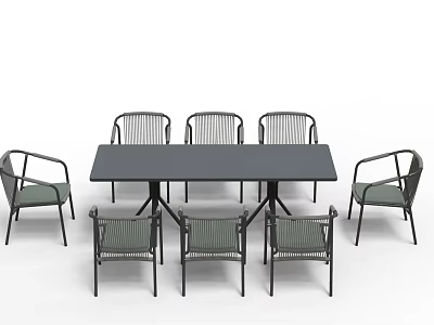Outdoor Rectangular Table And Chair Set With Wicker Seats And Black Metal Frames 3d model