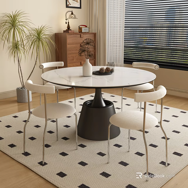 Modern Dining Room Interior With Round White Marble Table Black Base And Metal Leg Chairs 3d model 