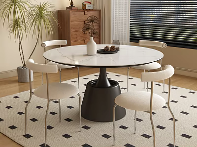 Modern Dining Room Interior With Round White Marble Table Black Base And Metal Leg Chairs 3d model