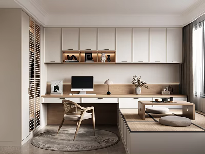 Modern Tatami Bedroom Interior Design With Cabinet Desk Computer And Chair 3d model